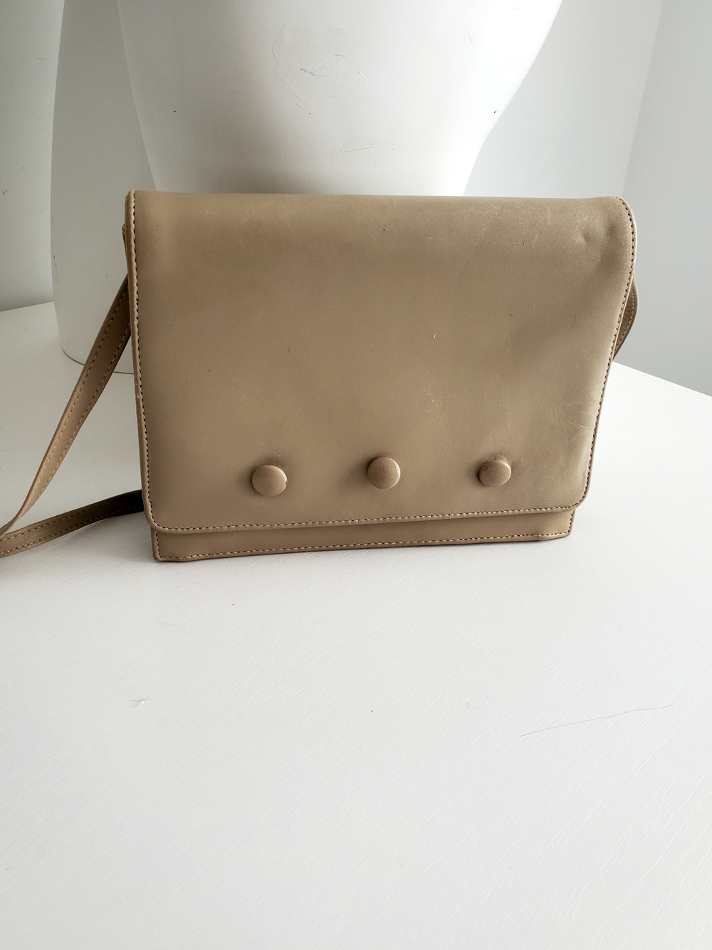 Vintage Beige Faux Leather Crossbody Bag Triple Button Detail